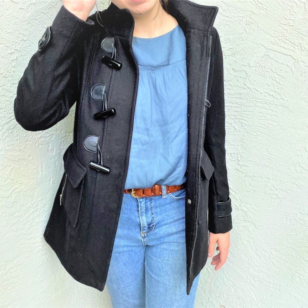 Faux-Leather-Trim Hooded Wool Coat